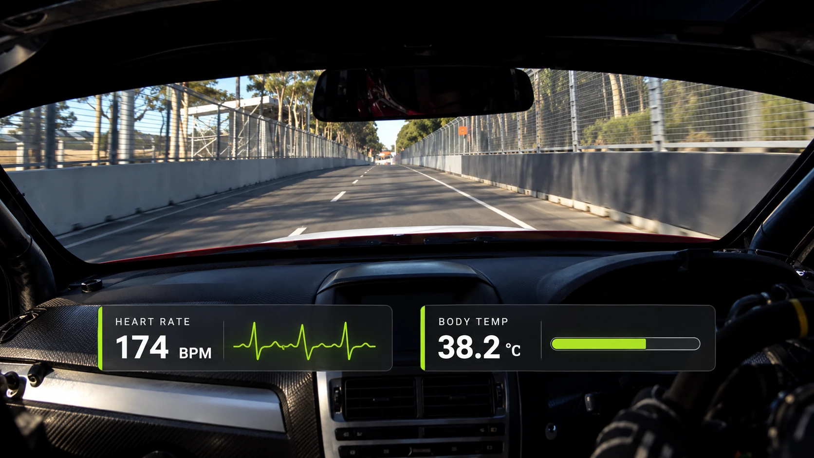 Concept view from inside a race car with heart rate and body-temperature telemetry